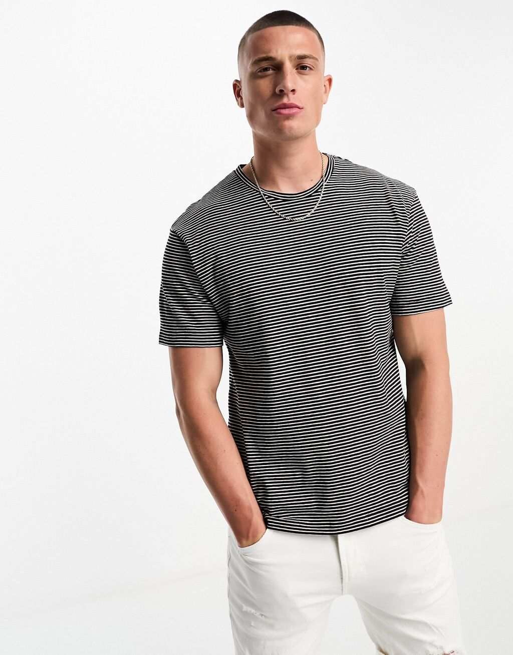 

Белая футболка в полоску из льняного микса Jack & Jones Premium, Белый