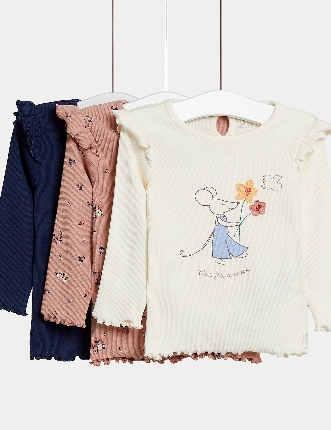 

3 комплекта топов с хлопковым узором (0–3 года) Marks & Spencer, мульти