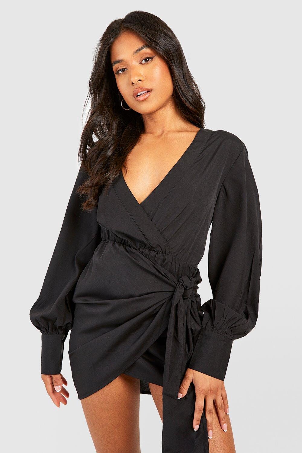 

Миниатюрное платье с объемными рукавами и запахом и бантом boohoo, черный
