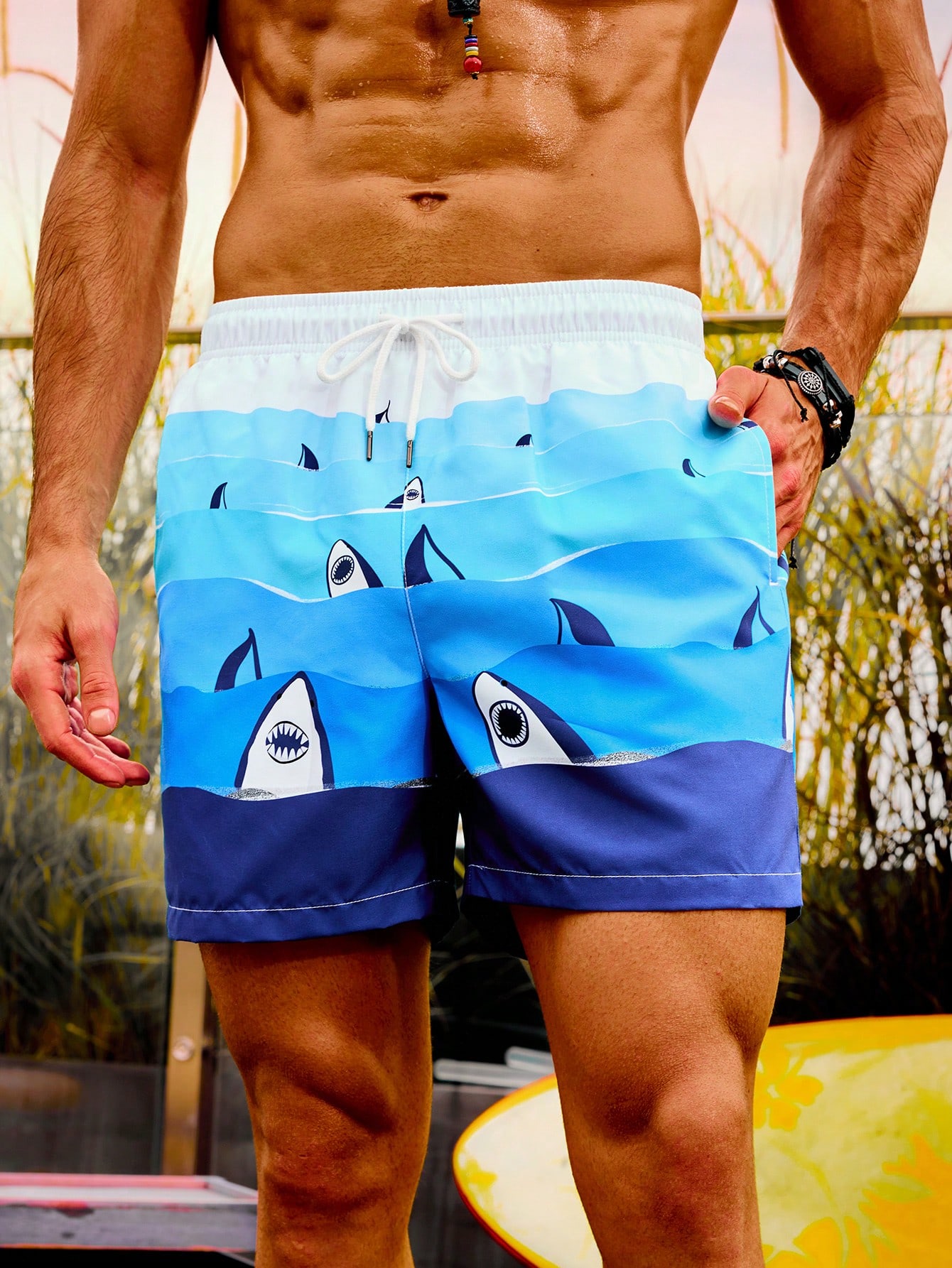 Мужские пляжные шорты с завязками на талии и принтом акулы, синий цена и фото