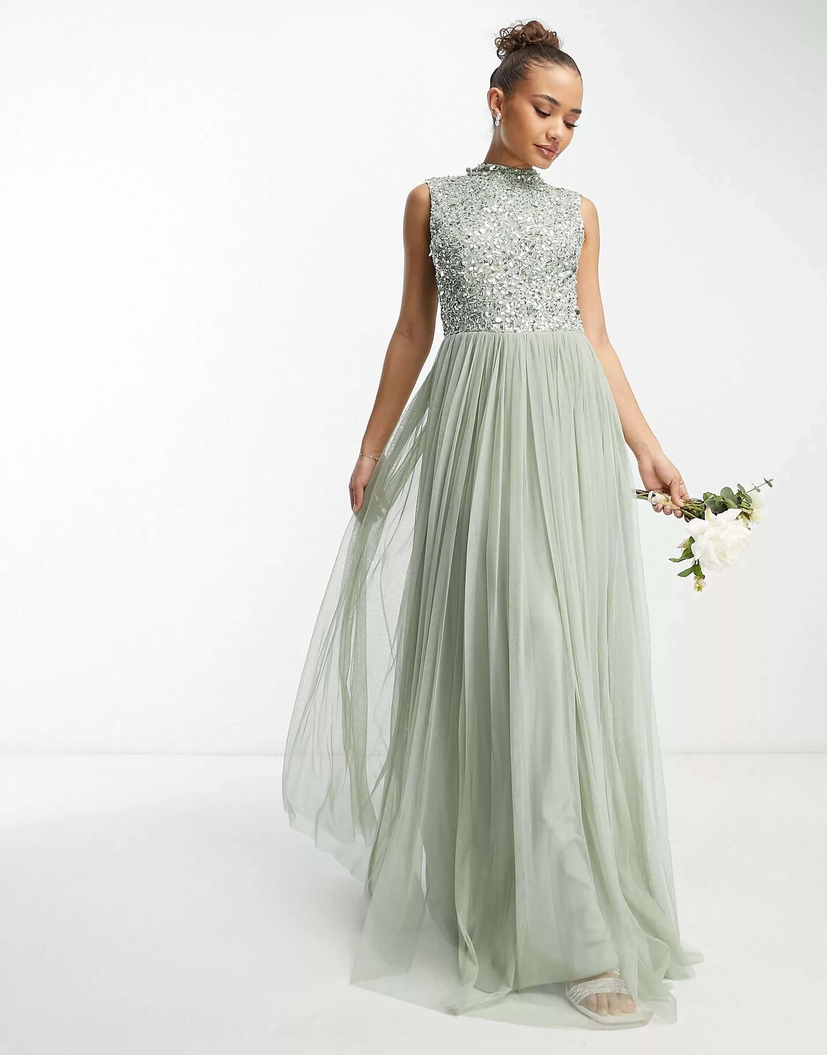 

Beauut Bridesmaid 2 в 1, украшенное платье миди с пышной тюлевой юбкой шалфейного цвета