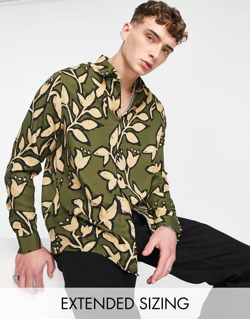 

Рубашка свободного кроя цвета хаки с цветочным принтом ASOS