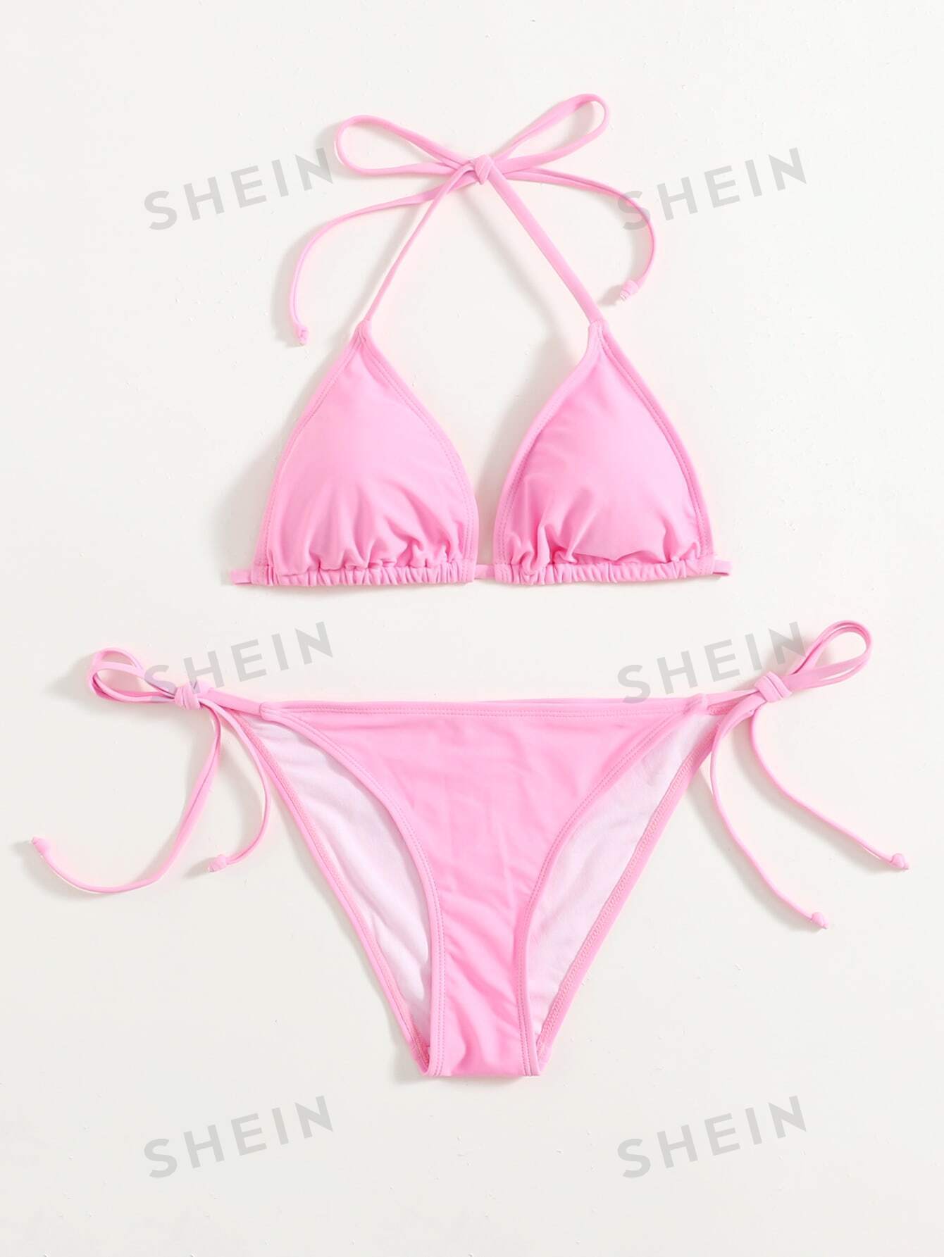 цена SHEIN Swim Vcay Женский комплект бикини с цветочной текстурой и вырезом через шею, розовый