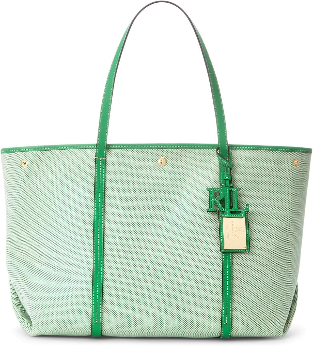 Большая объемная сумка Emerie из холста и кожи LAUREN Ralph Lauren, цвет Natural/Green Topaz/Green Topaz