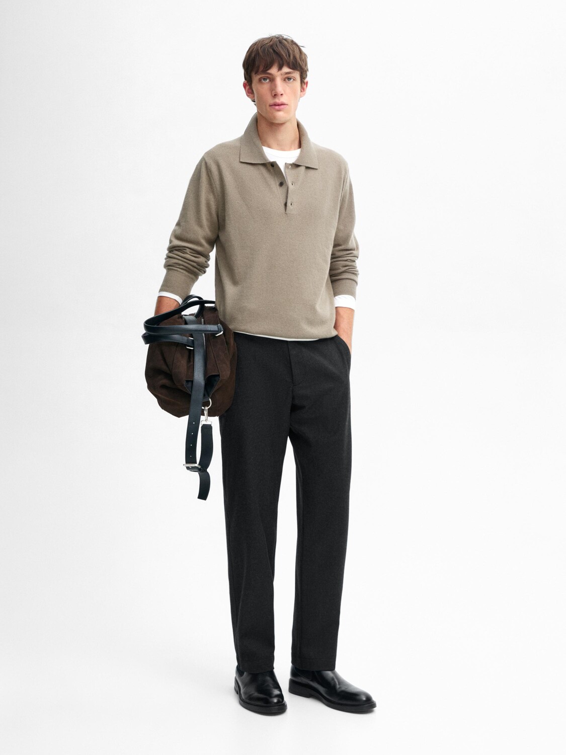 

Свитер с воротником-поло из шерсти и кашемира Massimo Dutti, хаки