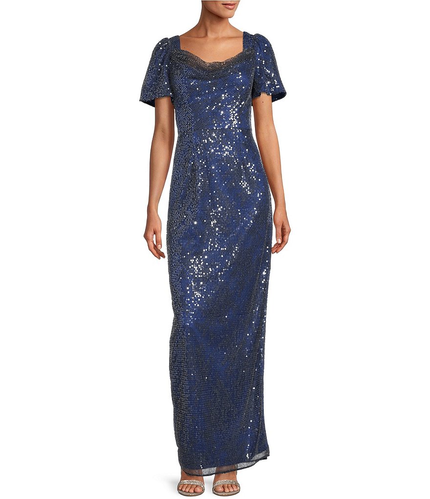 JS Collections Платье с короткими развевающимися рукавами и воротником-хомутом с пайетками, синий