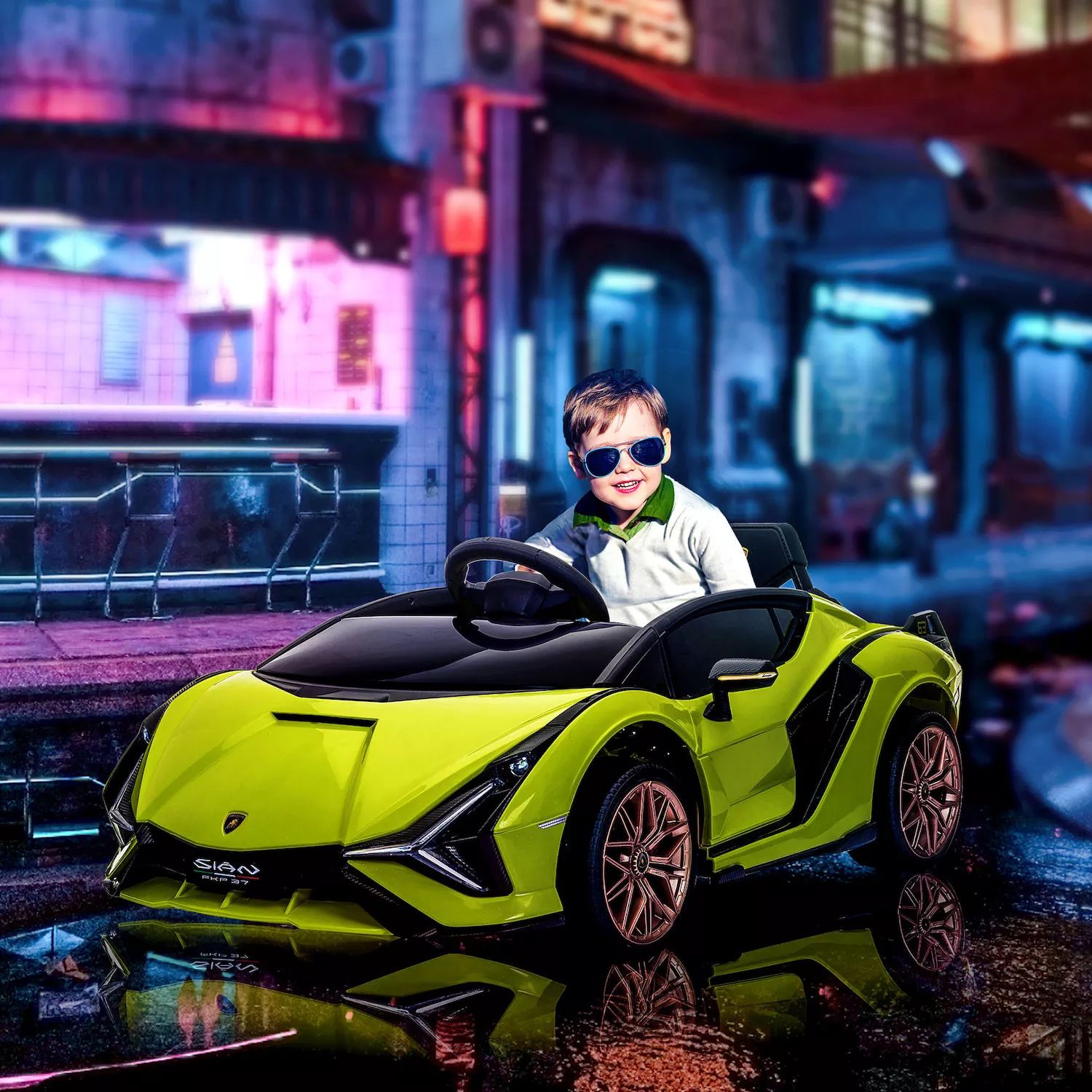 Aosom Lamborghini, лицензированный детский автомобиль для езды на автомобиле, 12 В, электрический спортивный автомобиль с питанием от аккумулятора, с дистанционным управлением, звуковой сигнал, музыка и фары для детей от 3 до 5 лет, зеленый Aosom, зеленый