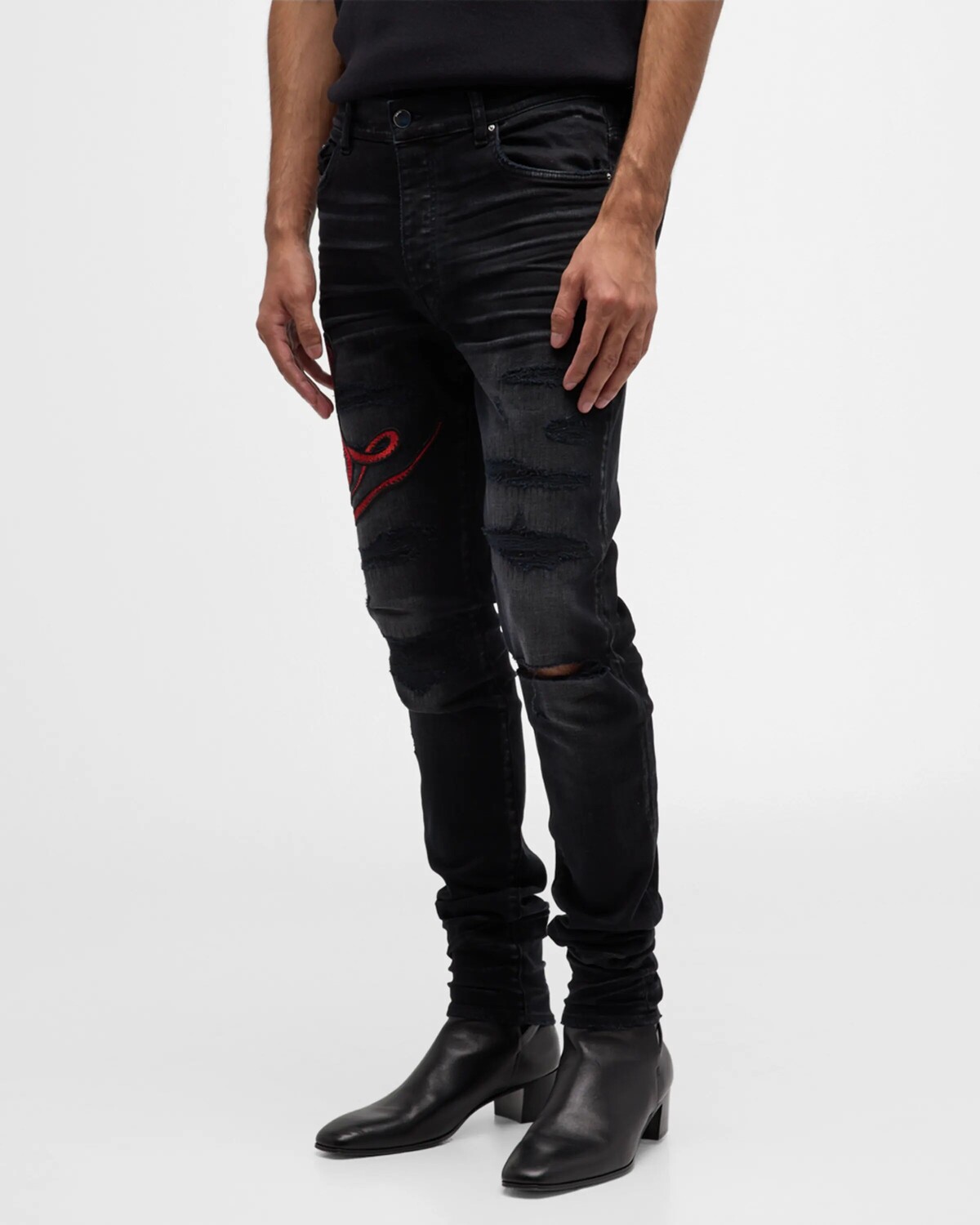 

Мужские джинсы скинни со змеиной аппликацией Amiri, цвет Aged Black