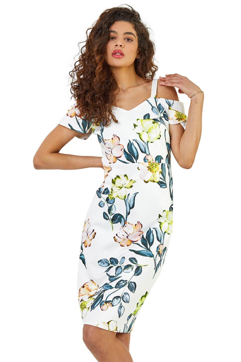 Роскошное эластичное платье с открытыми плечами и цветочным принтом Roman, белый