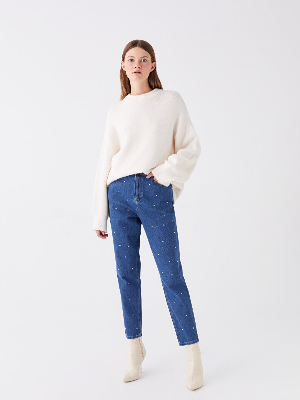 

Женские джинсовые брюки Mom Fit LCWAIKIKI Basic, среднее индиго родео