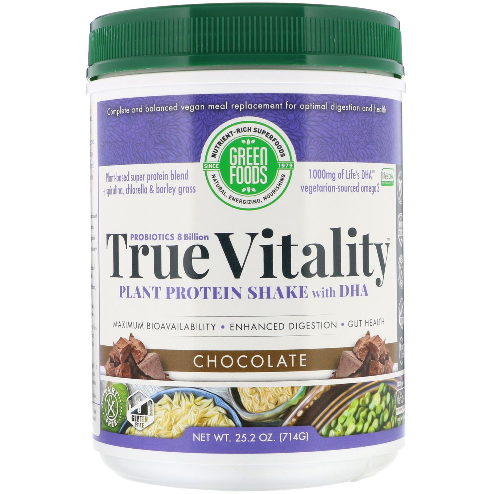 Green Foods Corporation True Vitality Растительный протеиновый шейк с DHA шоколад 25.2 унции (714 г) green foods green magma 500 мг 250 таблеток