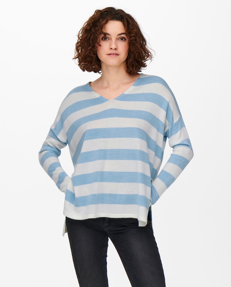 Женский полосатый свитер с длинными рукавами Only, белый женский трикотажный свитер оверсайз с v образным вырезом и длинными рукавами