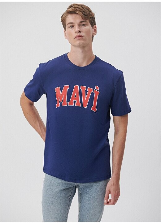 Однотонная мужская футболка Saks с круглым вырезом M0611711-70722_СИНЯЯ ФУТБОЛКА С ЛОГОТИПОМ Mavi