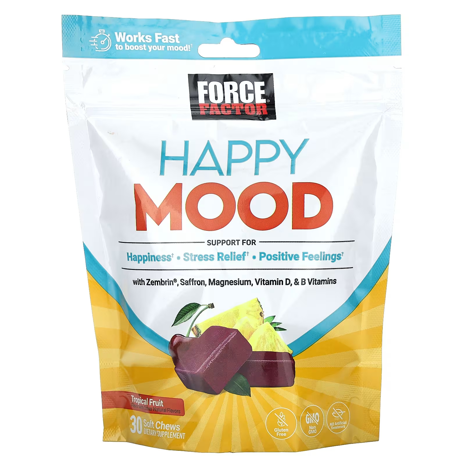 Пищевая добавка Force Factor Happy Mood Tropical Fruit, 30 жевательных таблеток комплекс для хорошего настроения с l триптофаном urban formula good mood 90 шт