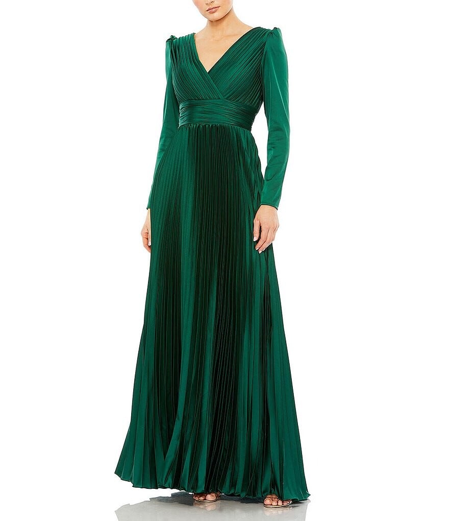 

Mac Duggal Surplice Плиссированное платье А-силуэта с V-образным вырезом и рукавами 3/4, зеленый