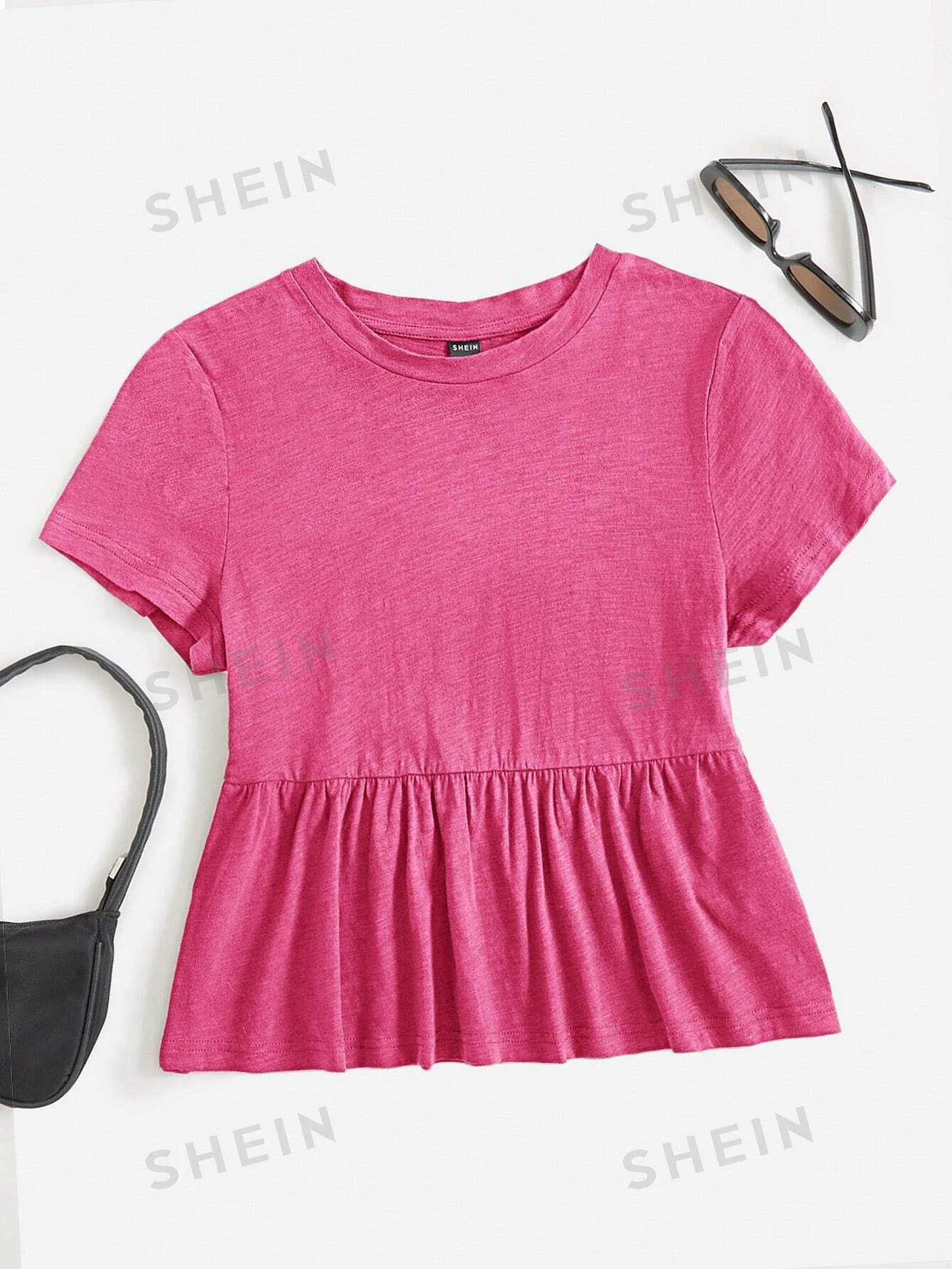 цена SHEIN EZwear Розовая женская трикотажная футболка, ярко-розовый