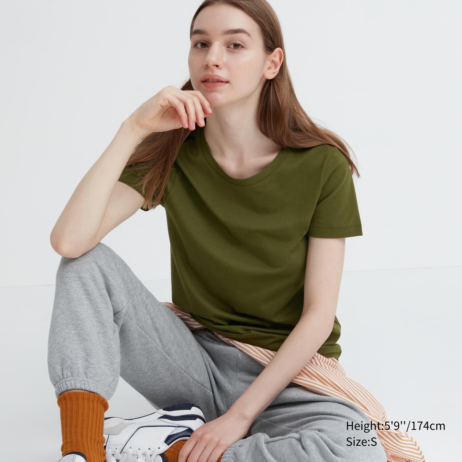 

Футболка с короткими рукавами и круглым вырезом из 100% хлопка Supima Uniqlo, оливковый, Зеленый