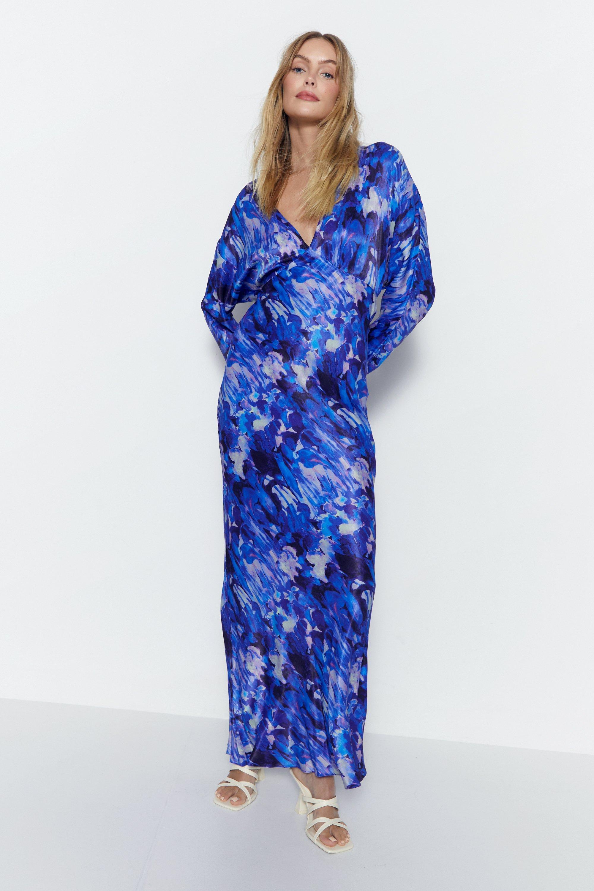 Атласное платье с размытым абстрактным принтом и крыльями летучей мыши Warehouse, синий