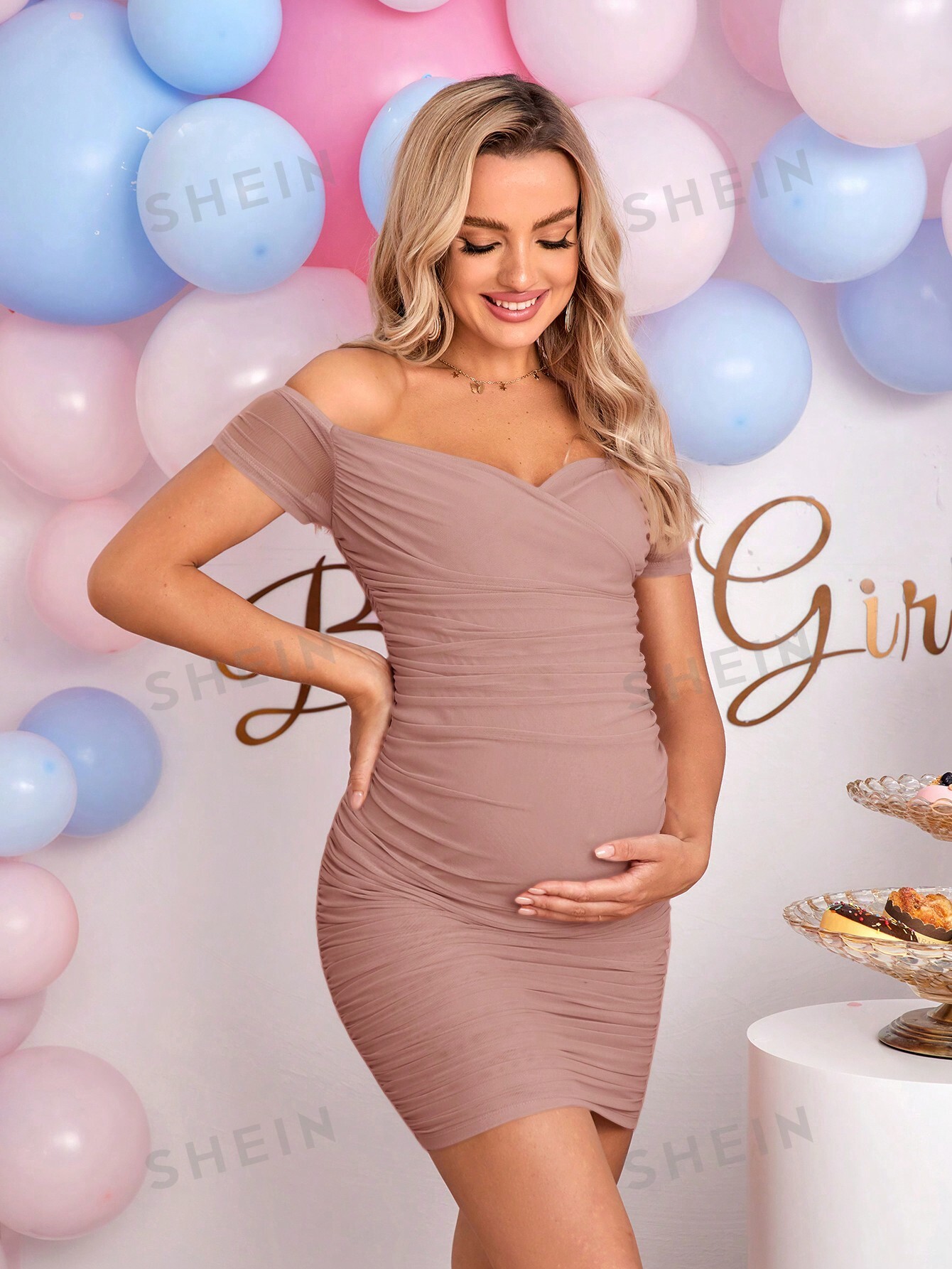 SHEIN Однотонное облегающее модное платье для беременных с открытыми плечами, пыльный розовый