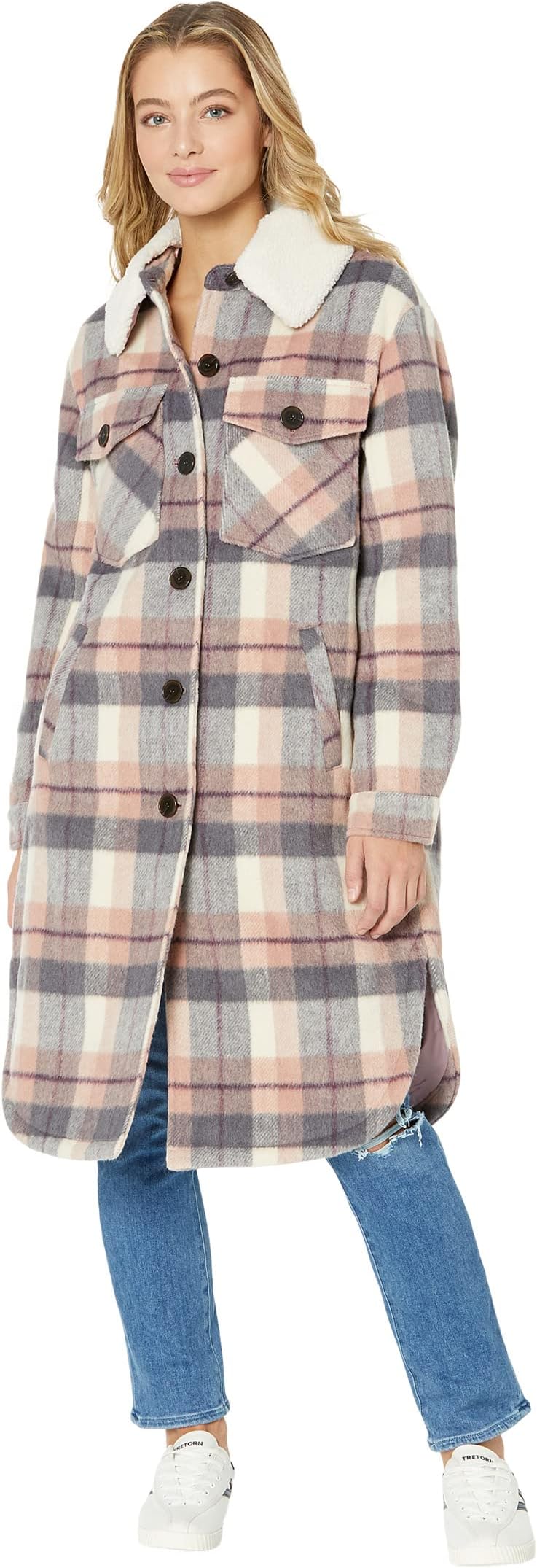 цена Пальто Faux Mixed Wool Shacket Sanctuary, цвет Pink Plaid