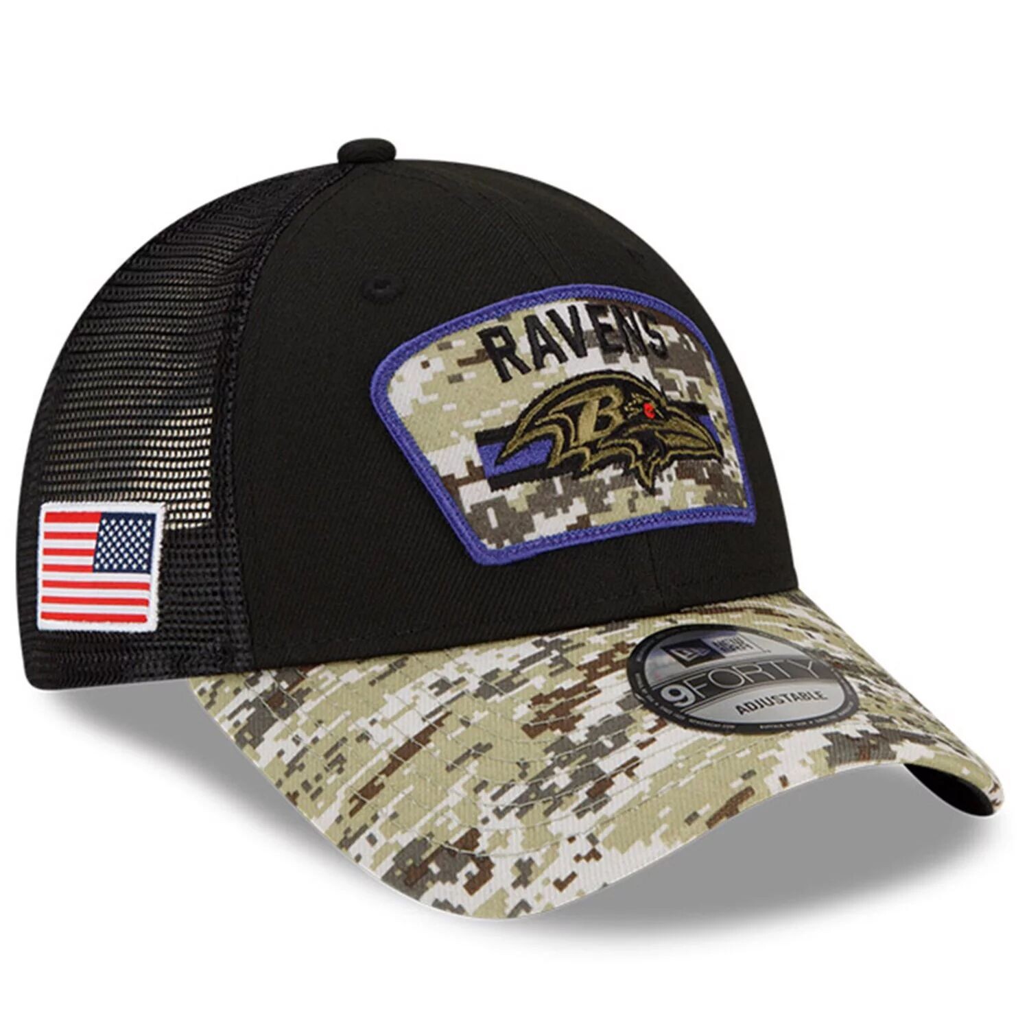 

Мужская регулируемая кепка New Era Black/Camo Baltimore Ravens 2021 Salute To Service Trucker 9FORTY Snapback