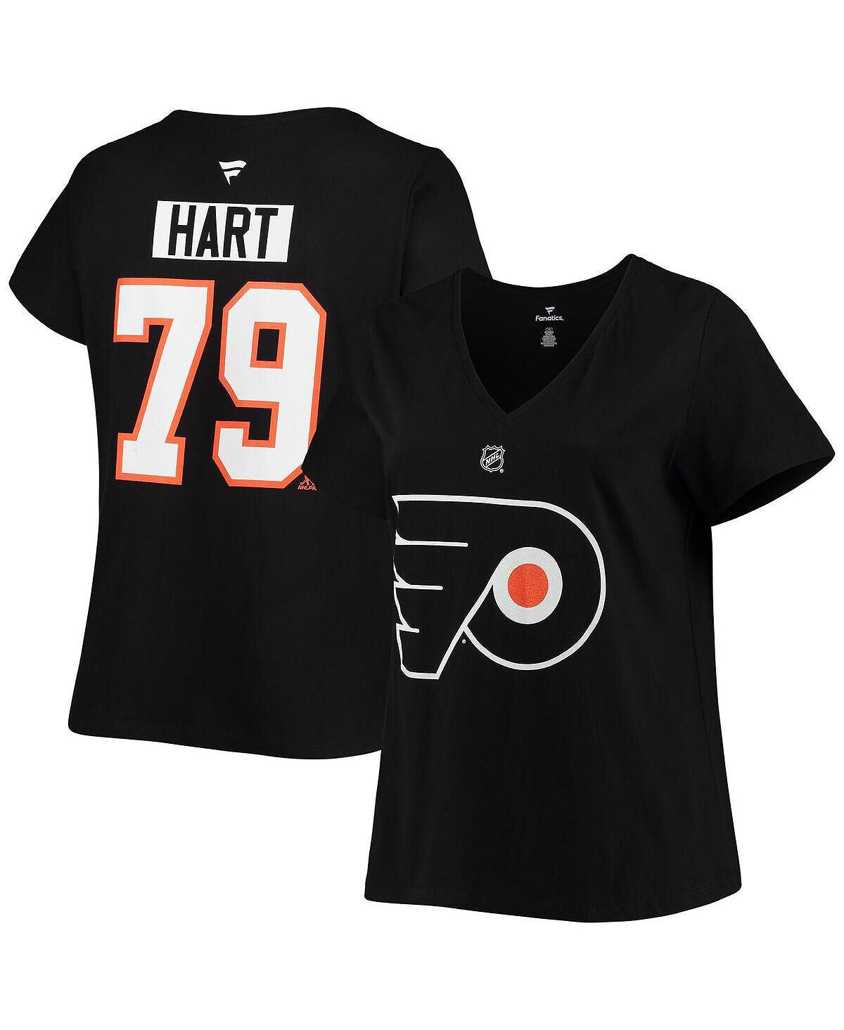 

Женская черная футболка с логотипом Carter Hart Philadelphia Flyers размера плюс с v-образным вырезом с именем и номером Fanatics, черный