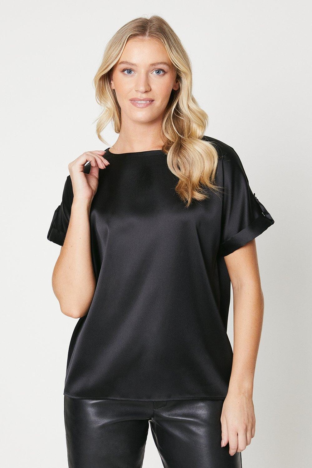 

Атласная блузка с закатанными рукавами Dorothy Perkins, черный