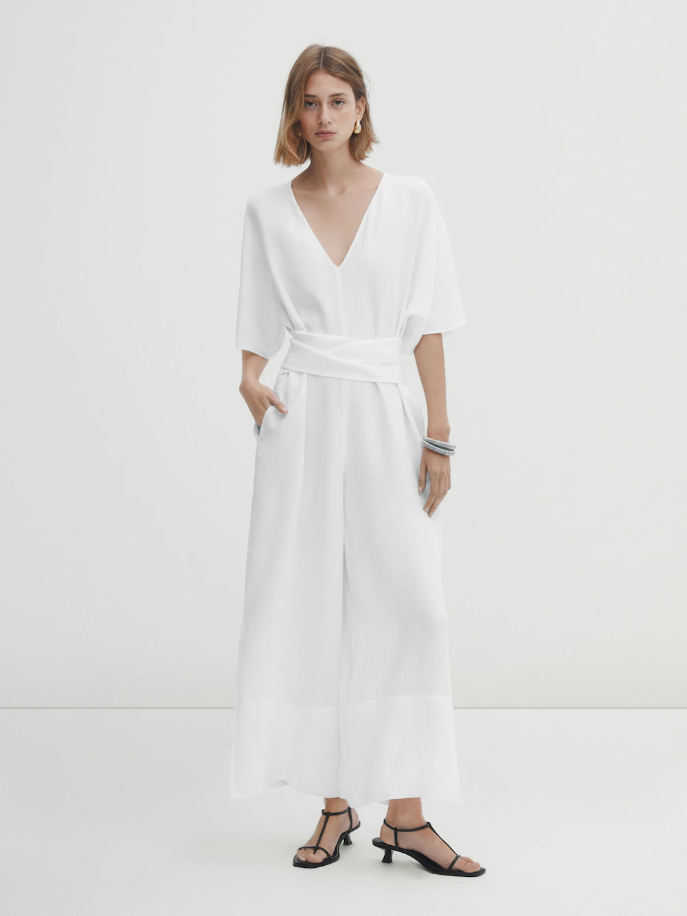 

Комбинезон из смешанного льна с завязкой Massimo Dutti, белый
