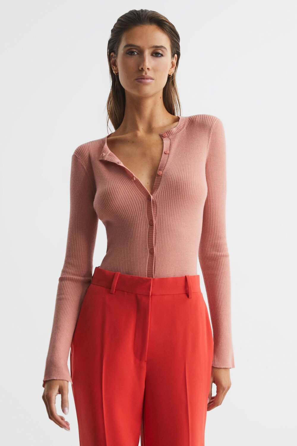 

Кардиган Arabella в рубчик из смеси шелка и шерсти Reiss, розовый