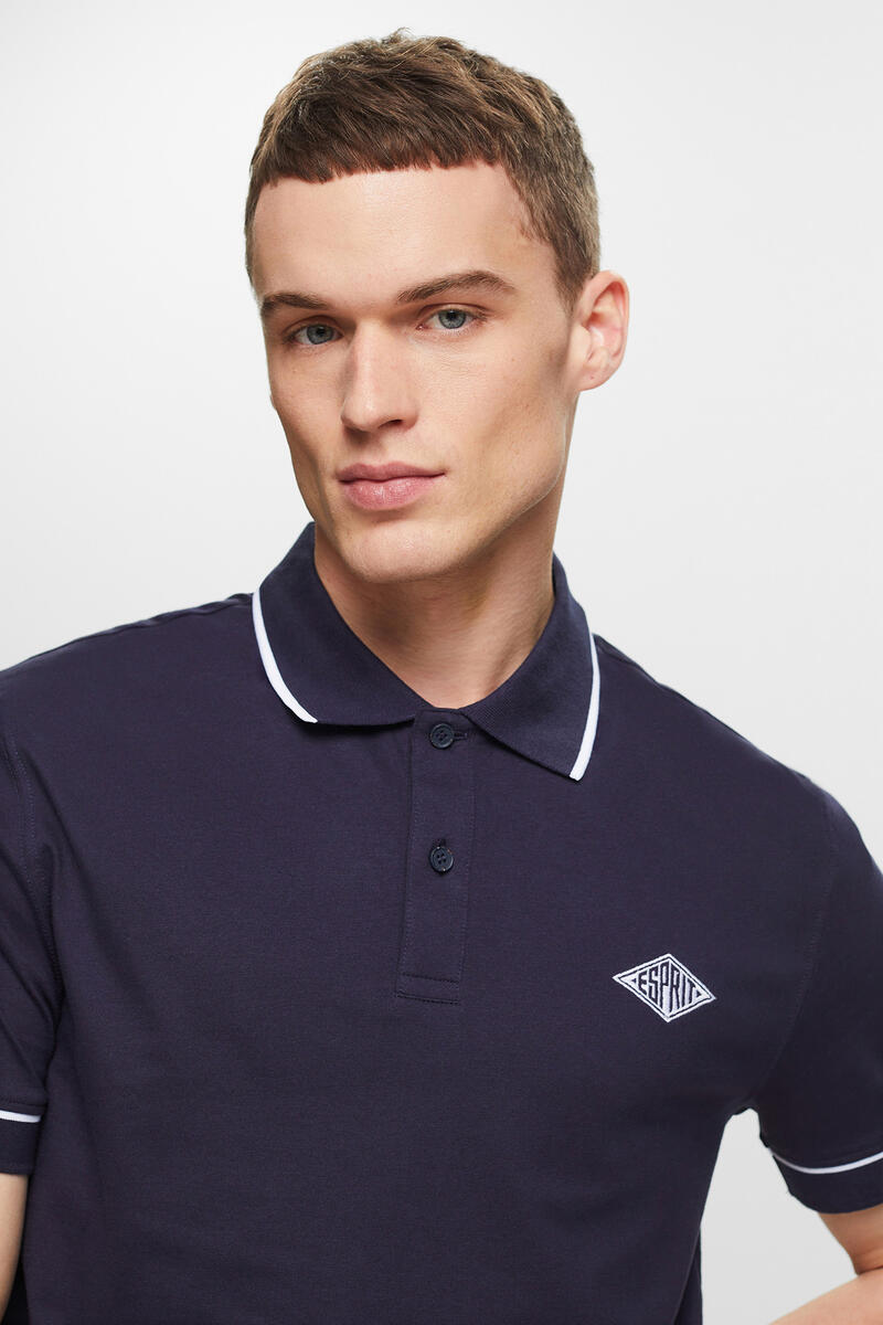 Однотонная хлопковая рубашка-поло приталенного кроя с короткими рукавами Esprit, темно-синий рубашка поло узкого кроя h