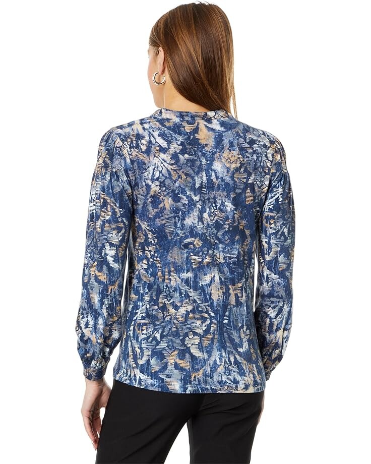 

Футболка NIC+ZOE Long Sleeve Watercolor Damask Henley Tee, синий мульти