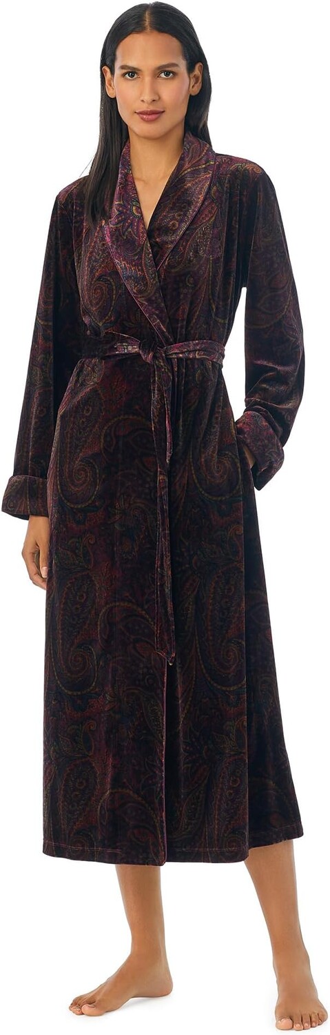

Халат Velvet Long Shawl Collar Robe LAUREN Ralph Lauren, цвет Wine Print