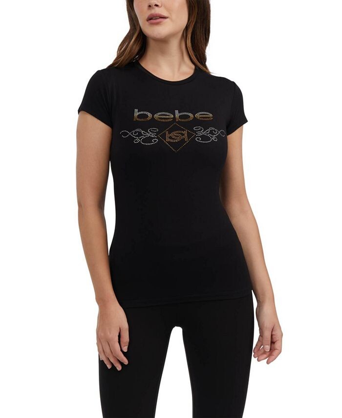 

Женская футболка с коротким рукавом с логотипом и стразами Bebe, цвет Black