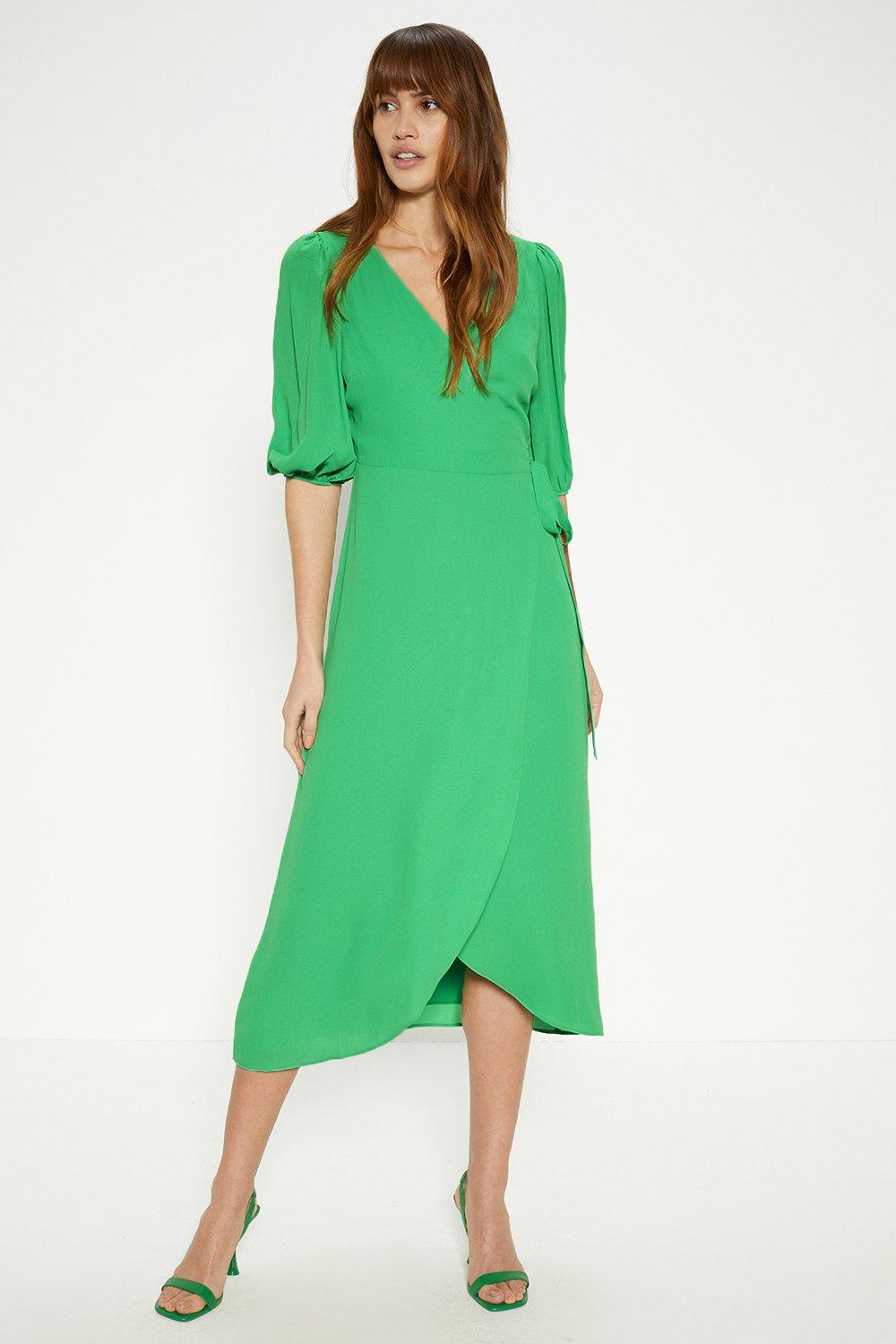 Платье миди с короткими рукавами и запахом Oasis, зеленый фото