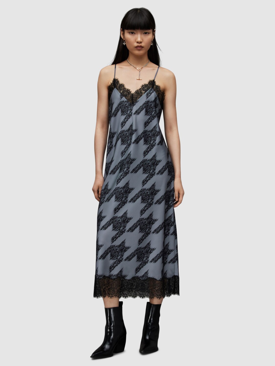 

Платье-комбинация миди AllSaints Tigi Toni Dogtooth, серое