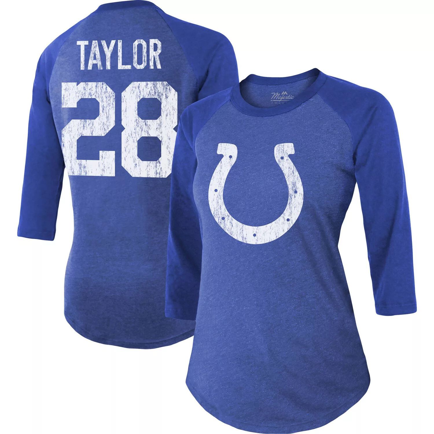Женская футболка Majestic Threads Jonathan Taylor Royal Indianapolis Colts с именем и номером игрока реглан Tri-Blend с рукавами 3/4 Majestic