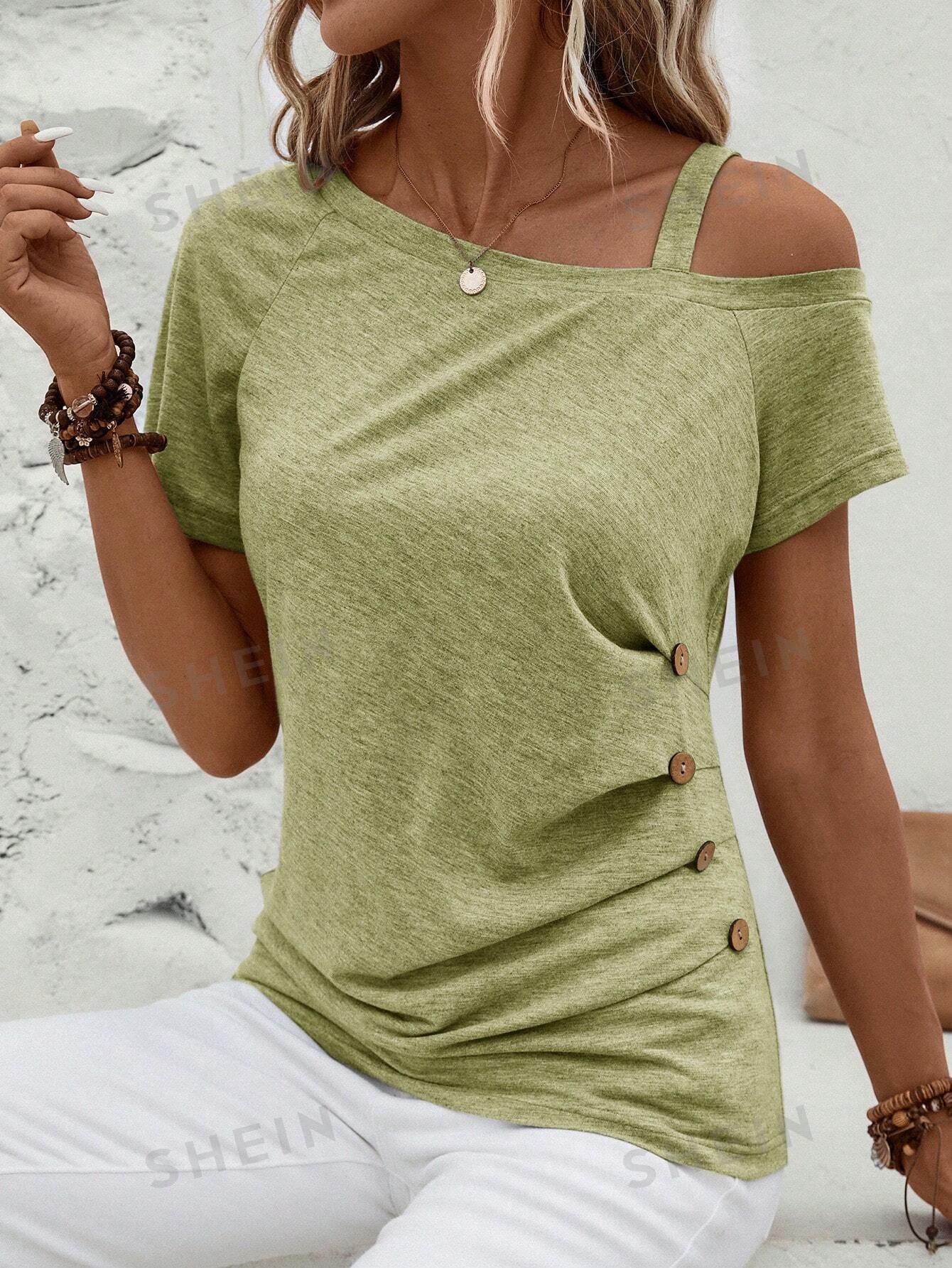 SHEIN Clasi Асимметричная футболка с воротником и пуговицами, мятно-зеленый