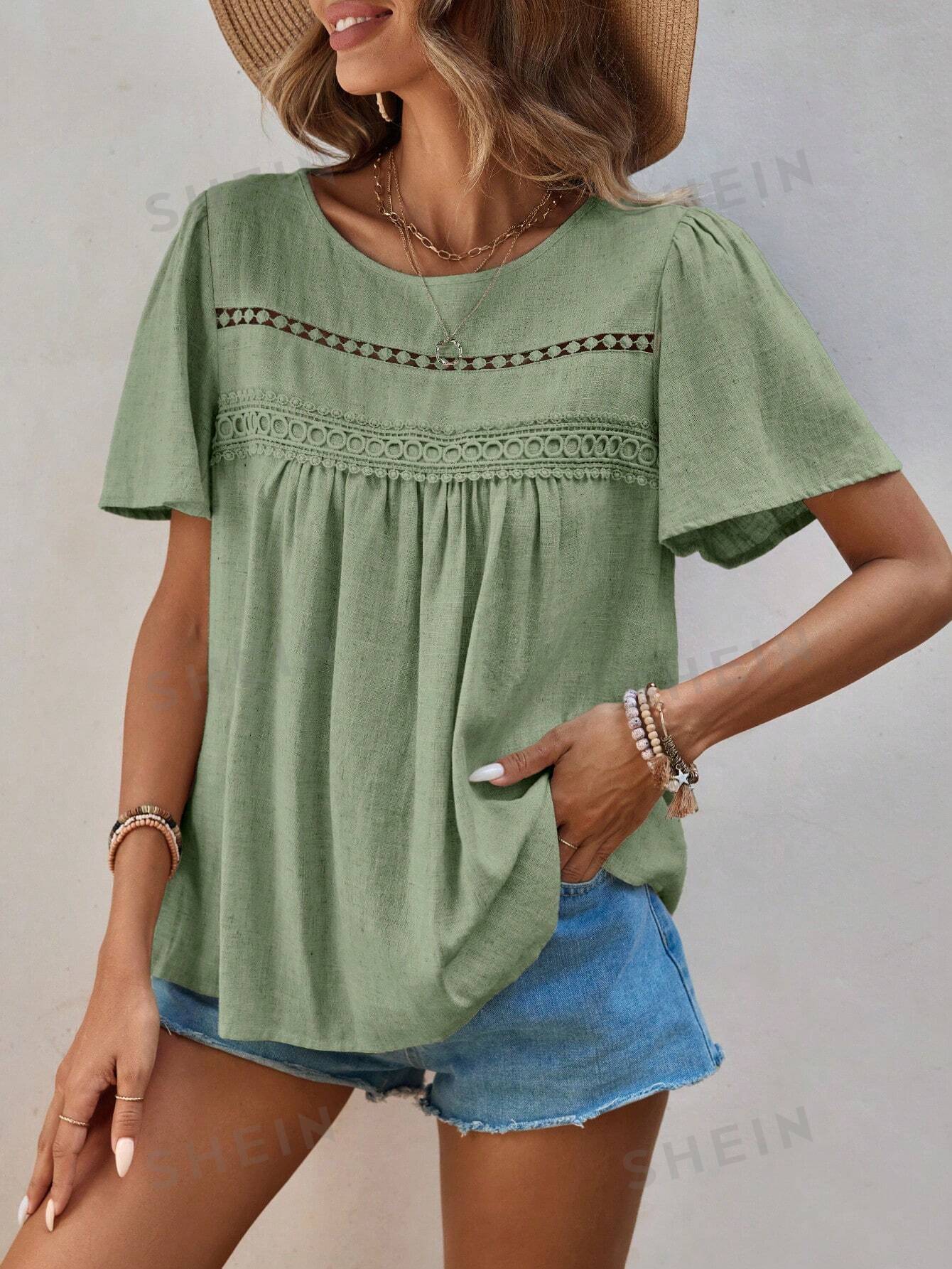 цена SHEIN Frenchy Boho Vacation Свободная блузка с кружевом Dr, зеленый