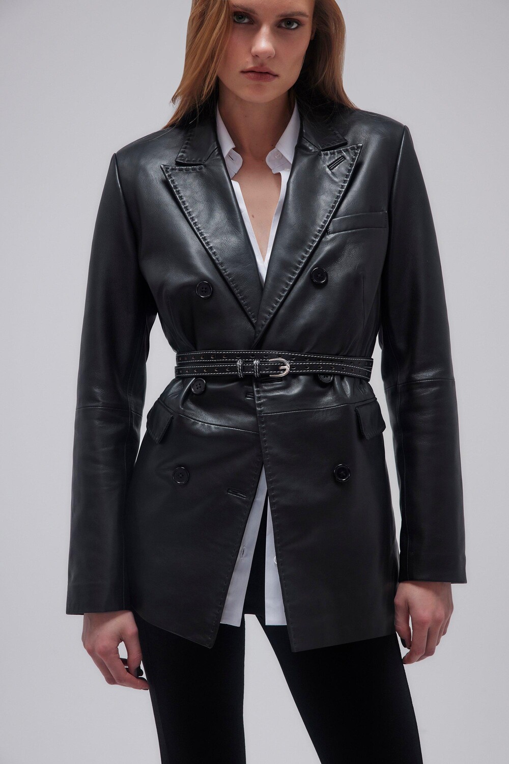 

Кожаный двубортный пиджак с прострочкой Stab Stitch Karen Millen, черный