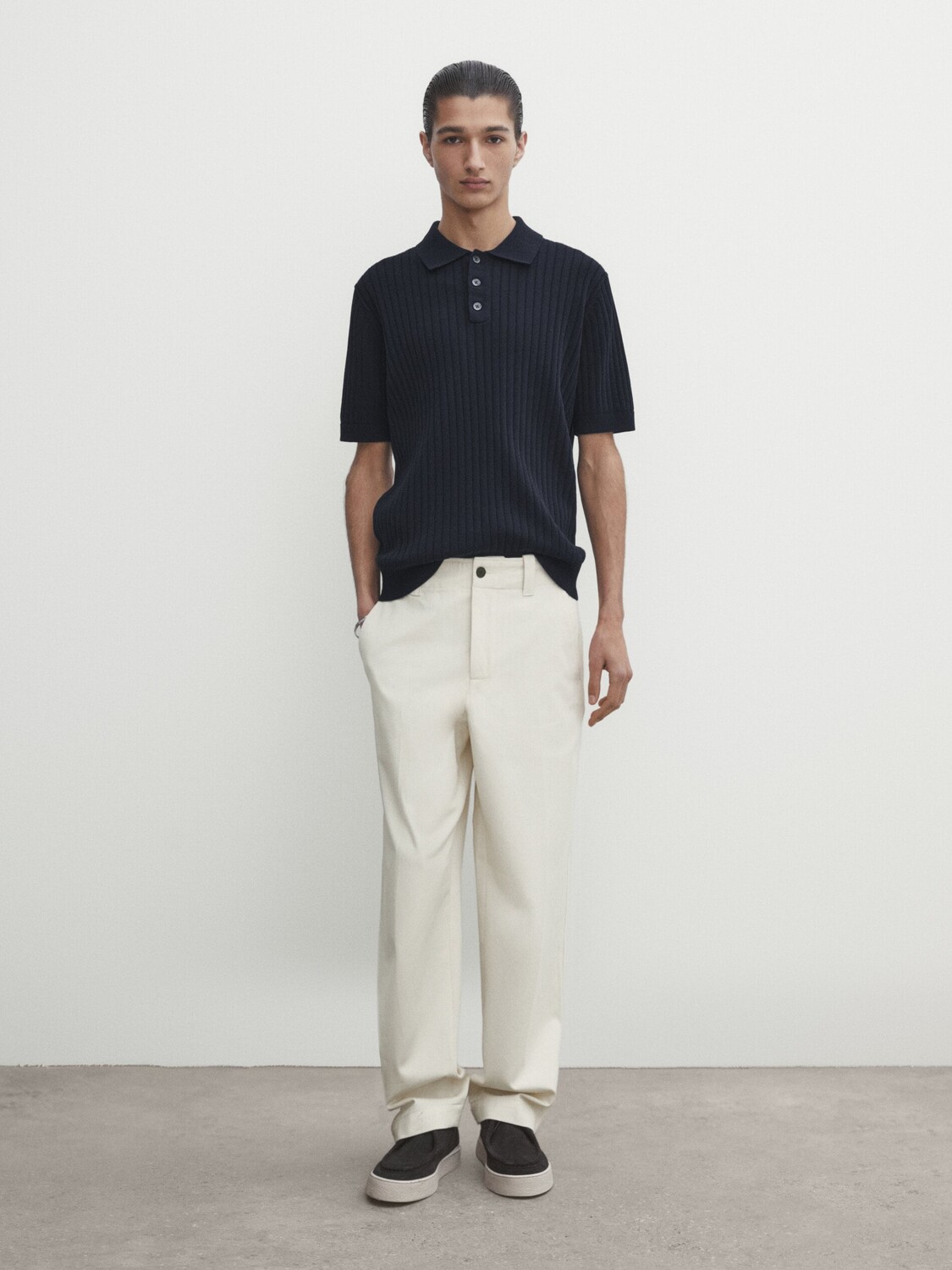 

Свитер-поло в рубчик с короткими рукавами Massimo Dutti, синий