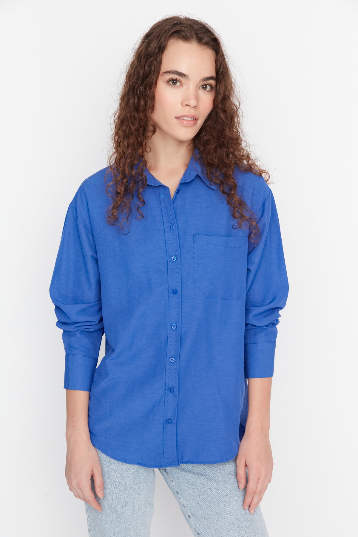 

Рубашка - Синяя - Oversize Trendyol, синий