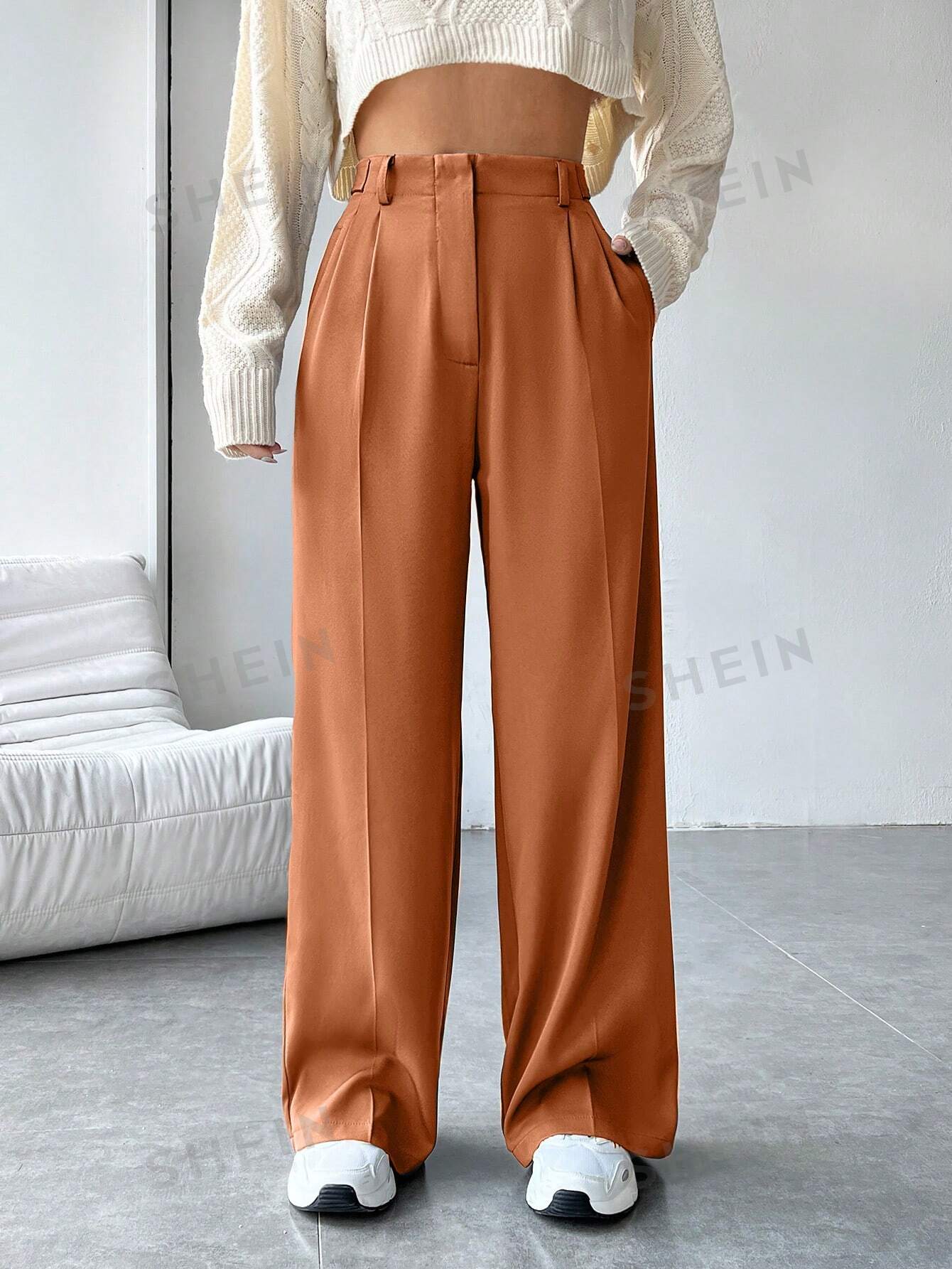 SHEIN EZwear Женские однотонные плиссированные костюмные брюки, апельсин