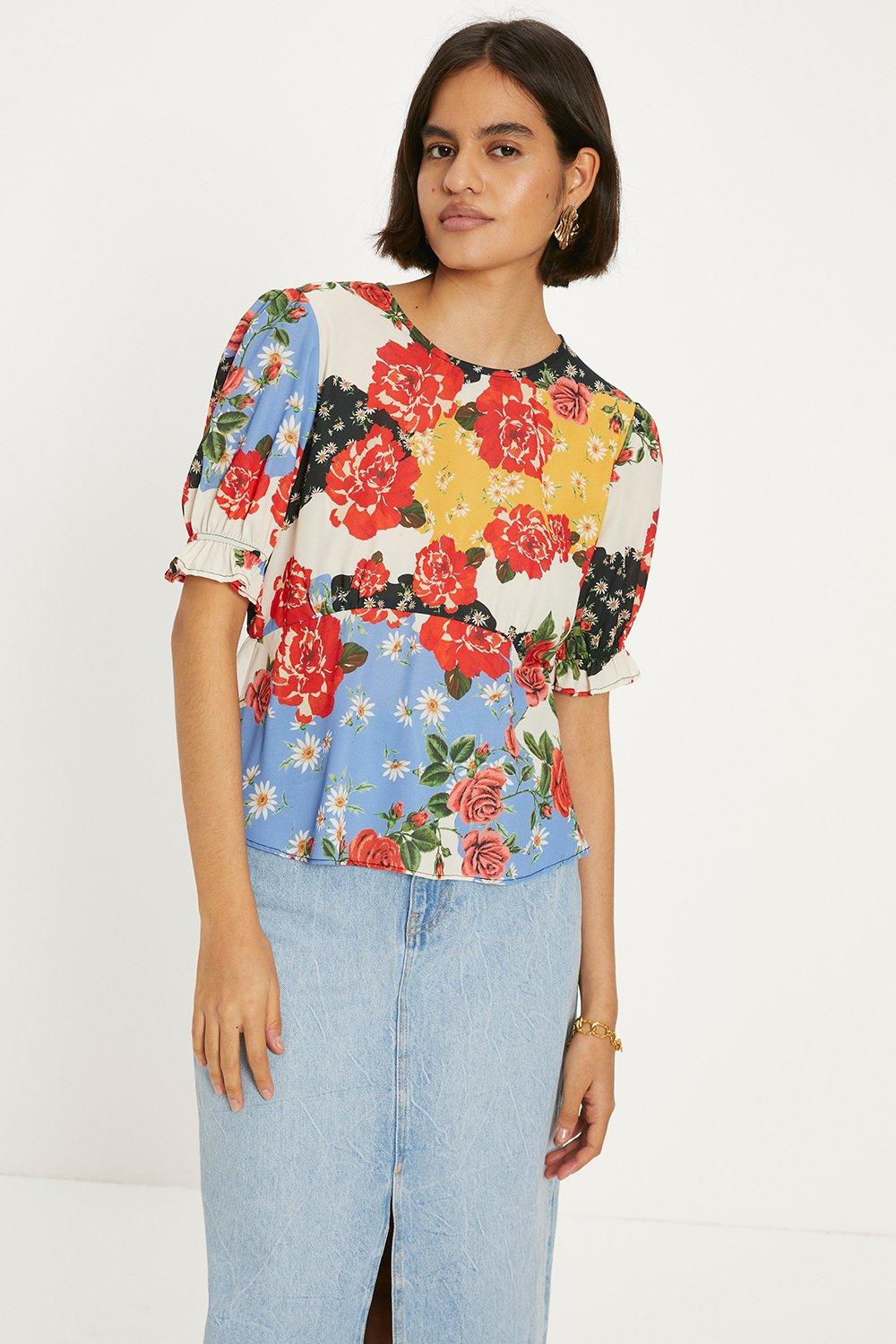 Чайная блузка с короткими рукавами и цветочным принтом Oasis, мультиколор блузка zolla с цветочным принтом 40 размер