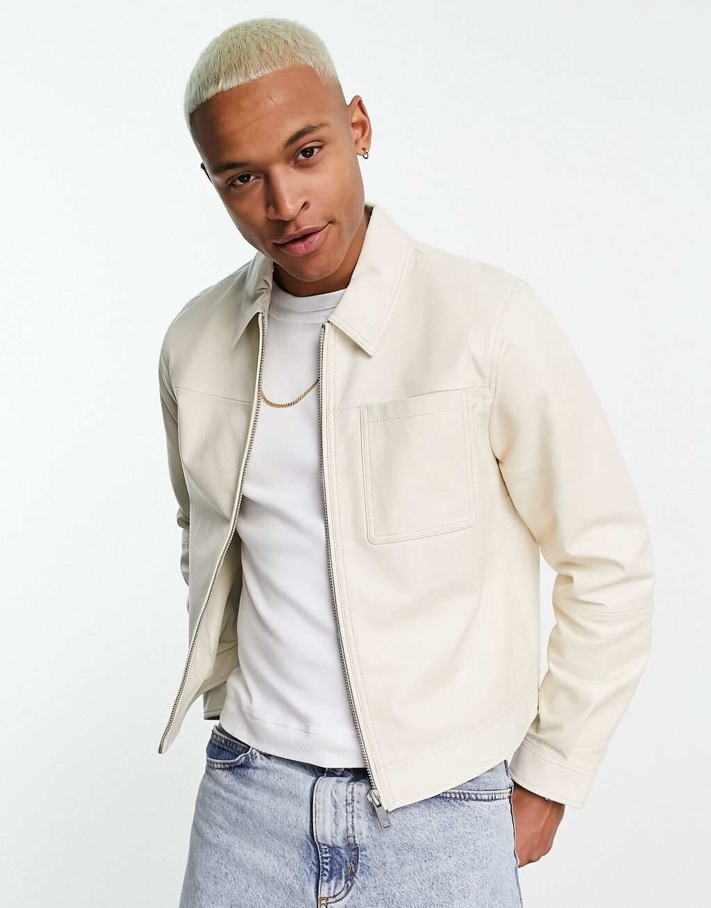 

Бежевая кожаная куртка Харрингтон ASOS DESIGN