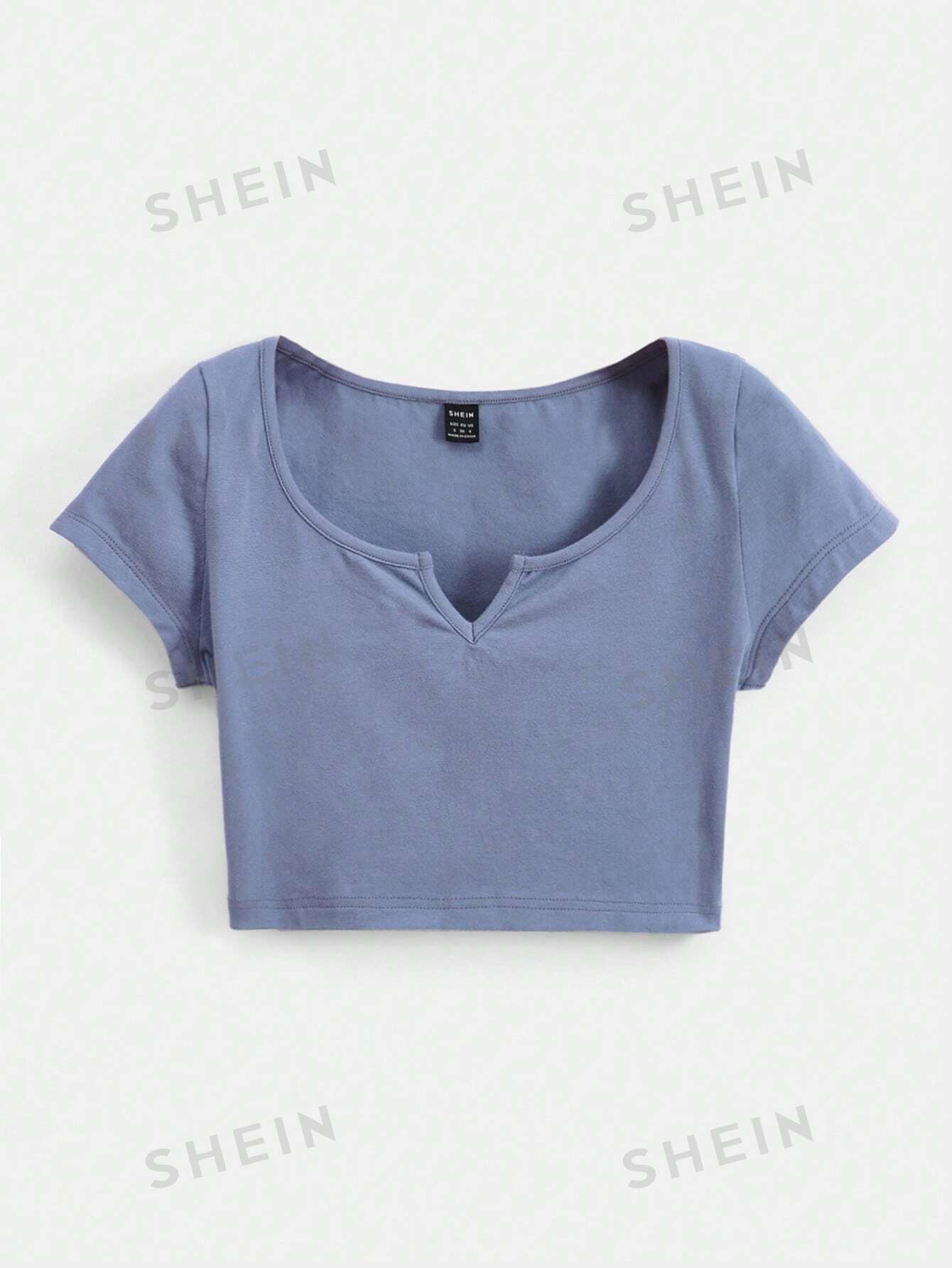 SHEIN BASICS Женская однотонная короткая укороченная футболка с вырезом, пыльный синий