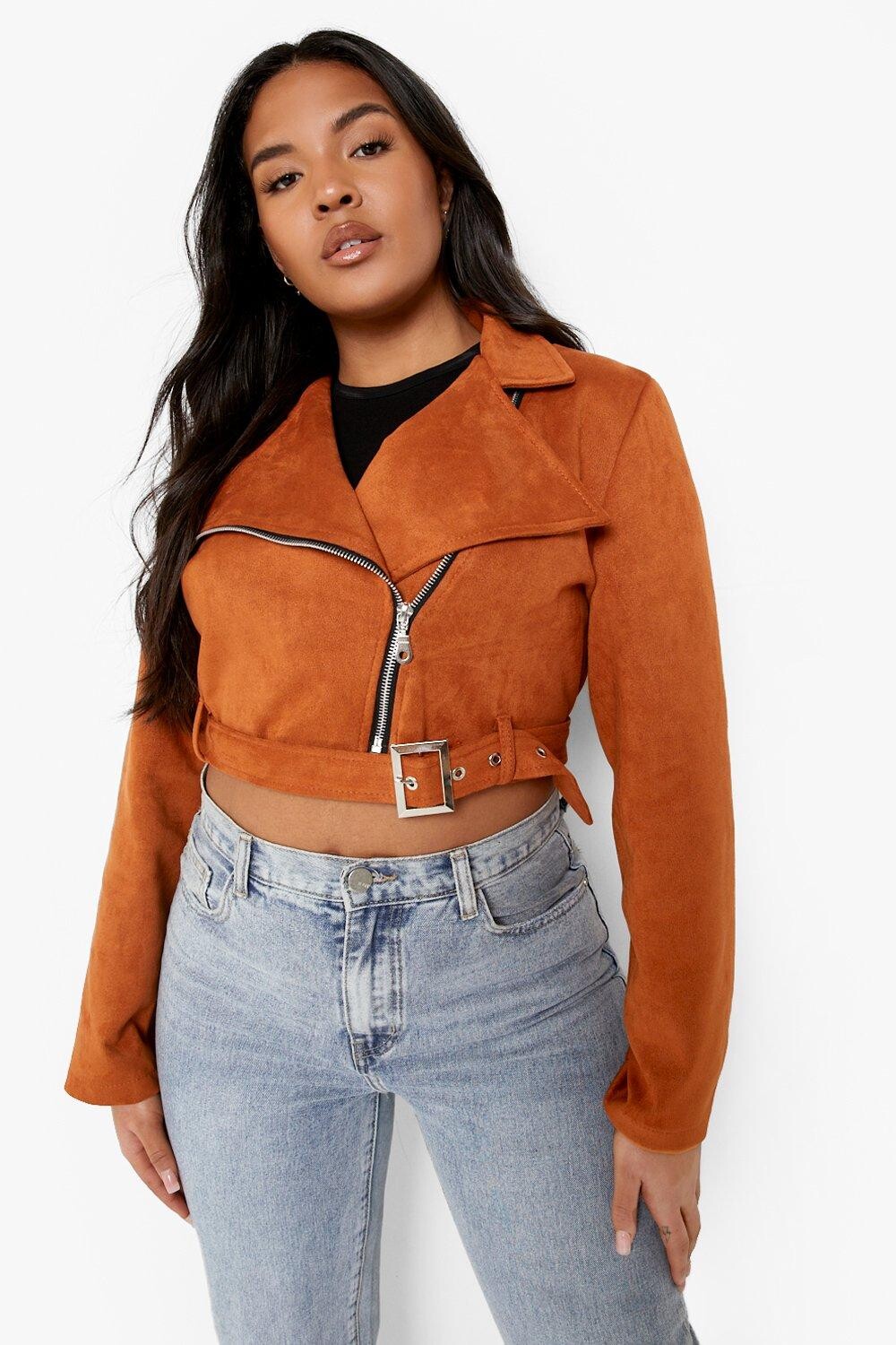 

Укороченная мотокуртка из искусственной замши с поясом Boohoo, загар