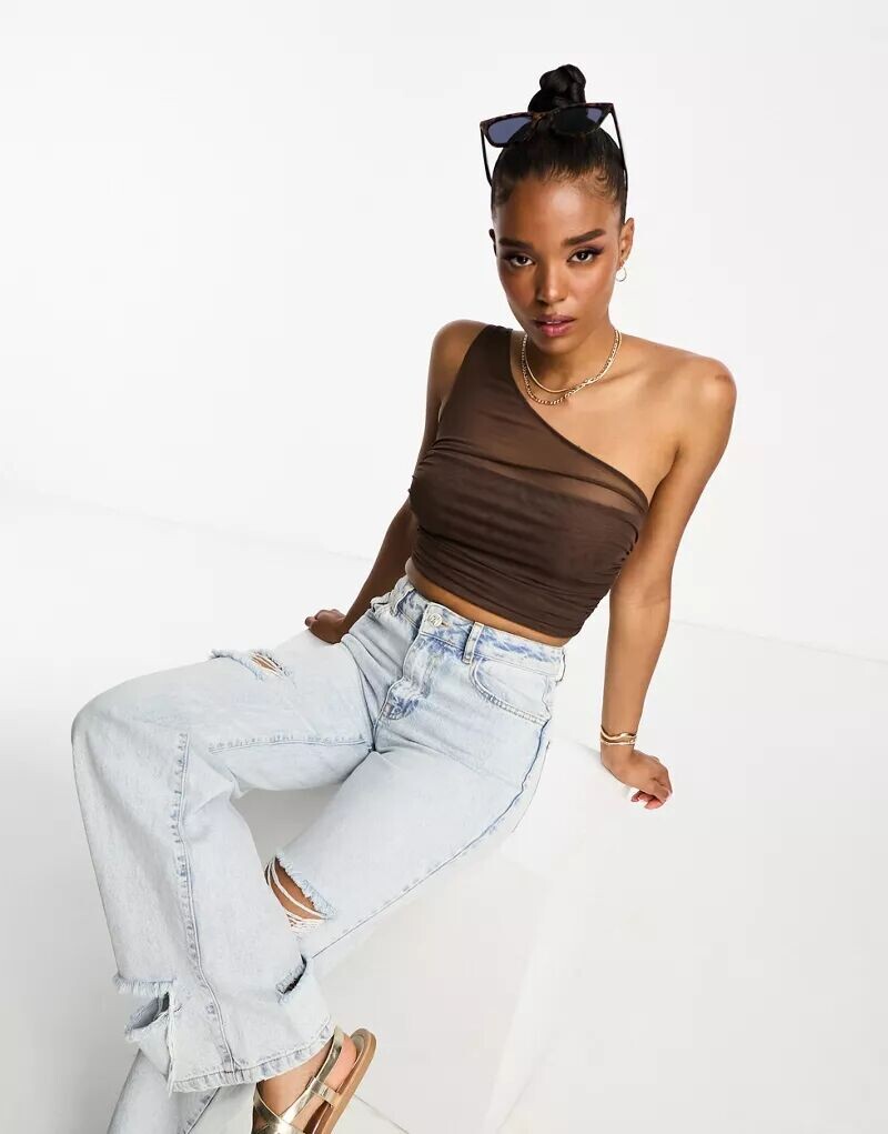 

Коричневый укороченный топ на одно плечо с сетчатой ​​отделкой Pull&Bear