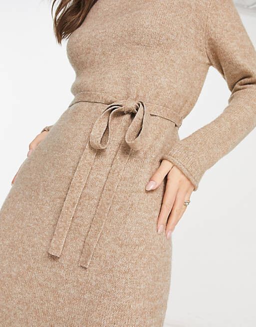 

Овсяное трикотажное платье миди с завязкой на талии ASOS DESIGN