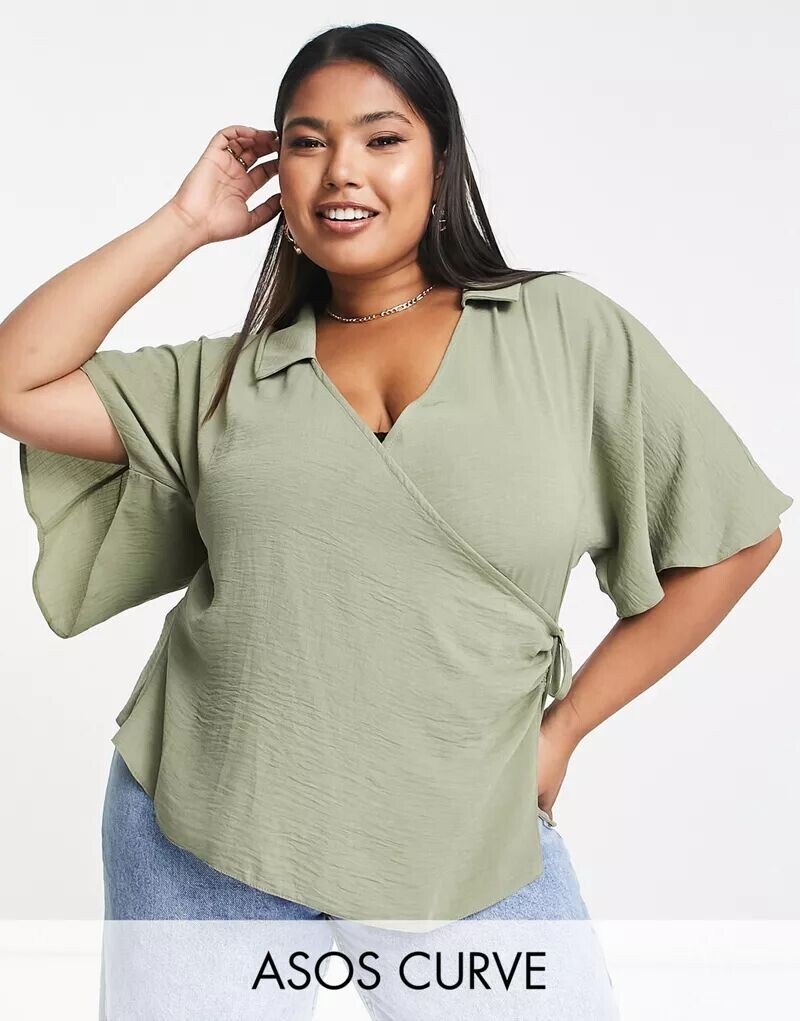 

Цветная блузка цвета хаки с воротником и запахом ASOS DESIGN Curve