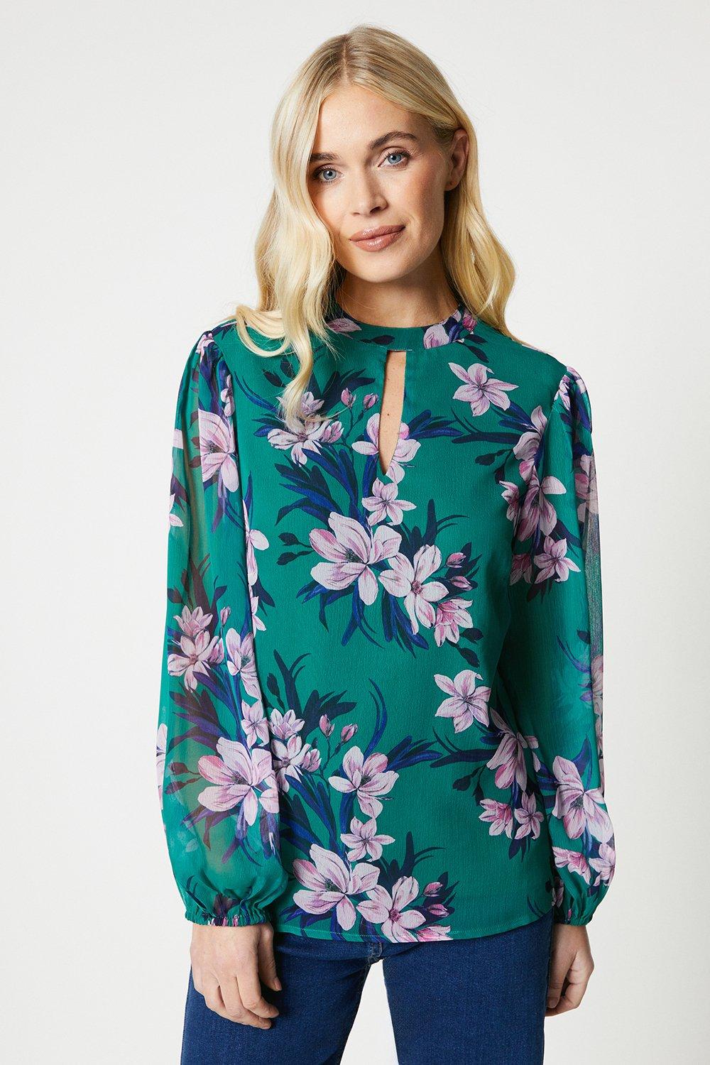 Блузка с объемными рукавами Petite и цветочным принтом Wallis, зеленый
